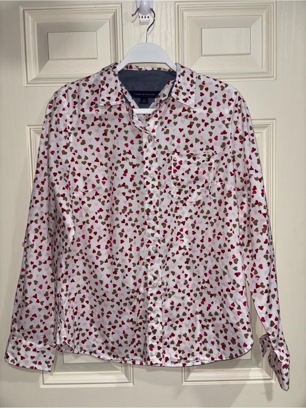 Tommy Hilfiger White Button-Down Shirt with Pink & Brown Heart Print